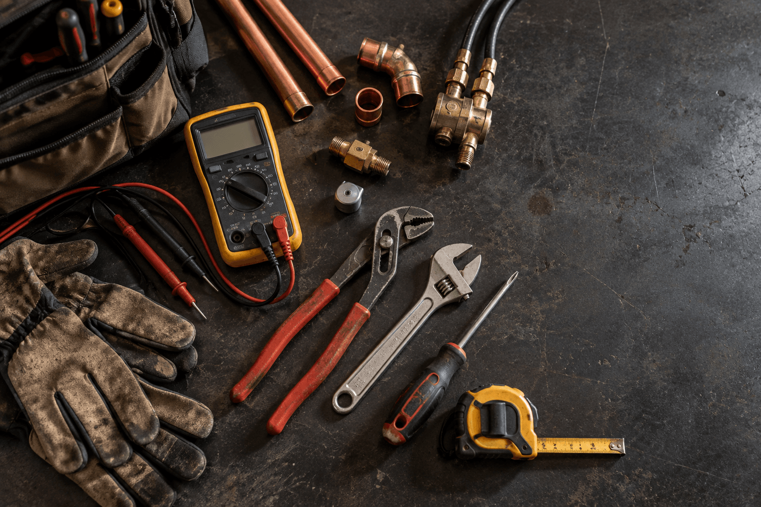 A technician's kit laid out: multimeter, wrenches, fittings and gloves