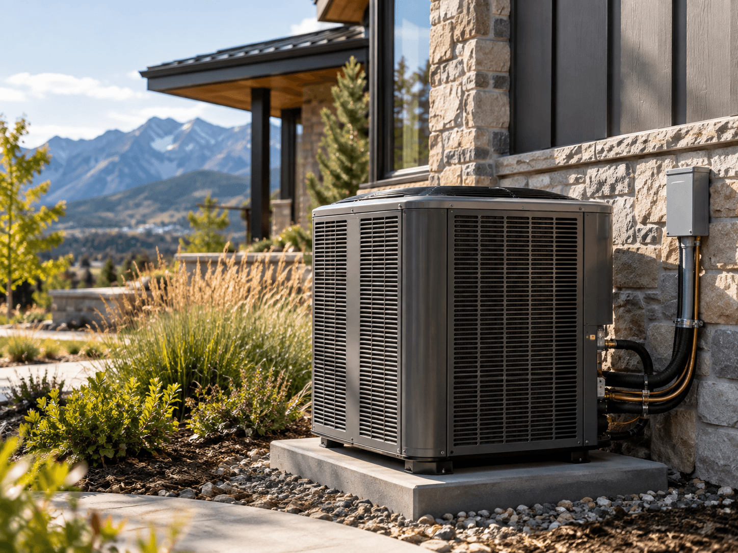 An outdoor air conditioning condenser beside a stone wall