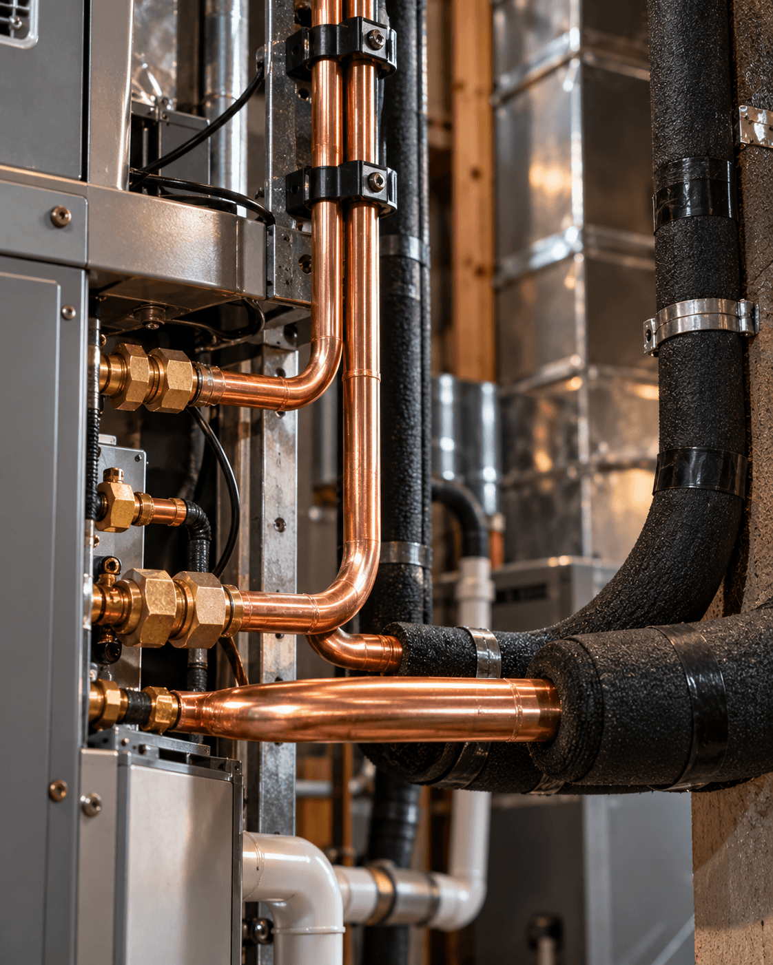 Copper pipework and brass fittings on a hydronic system