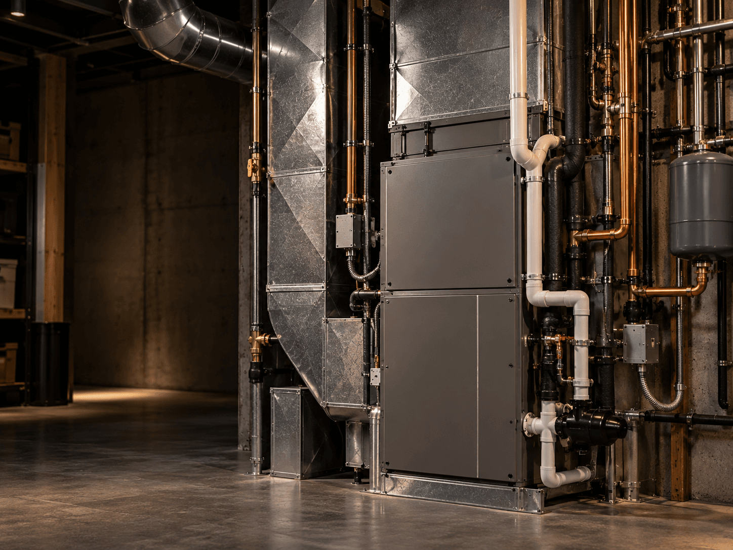 An air handler and furnace installed in a basement mechanical room