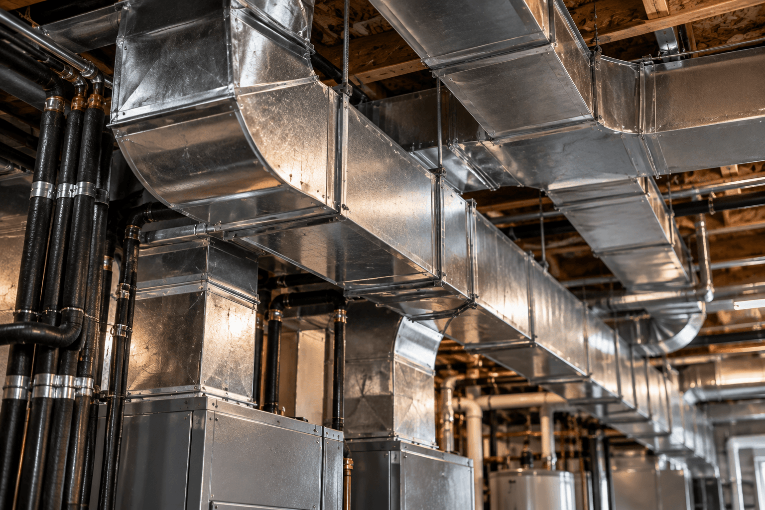 Sealed galvanized ductwork running beneath the floor joists