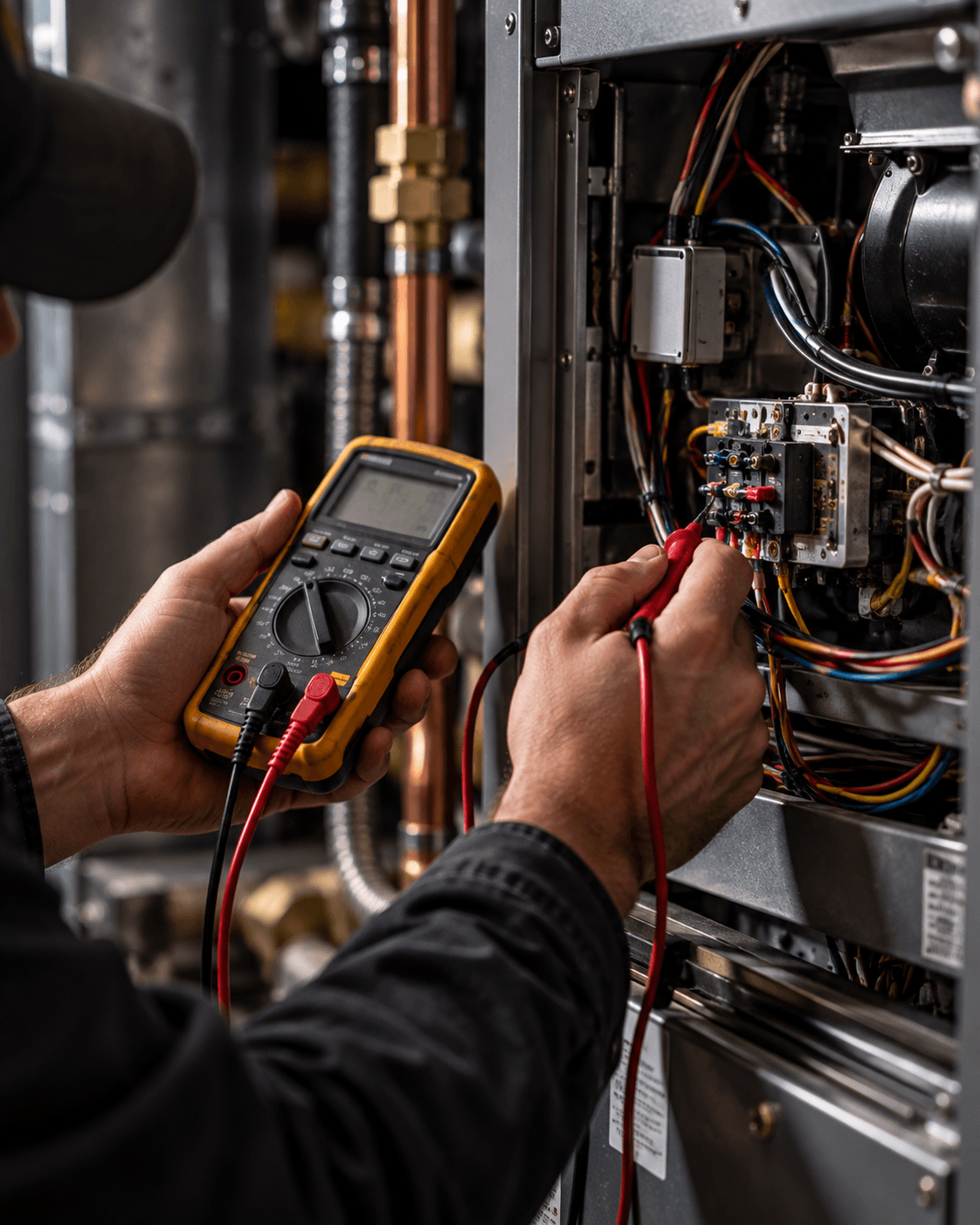 A multimeter reading taken on a furnace control board