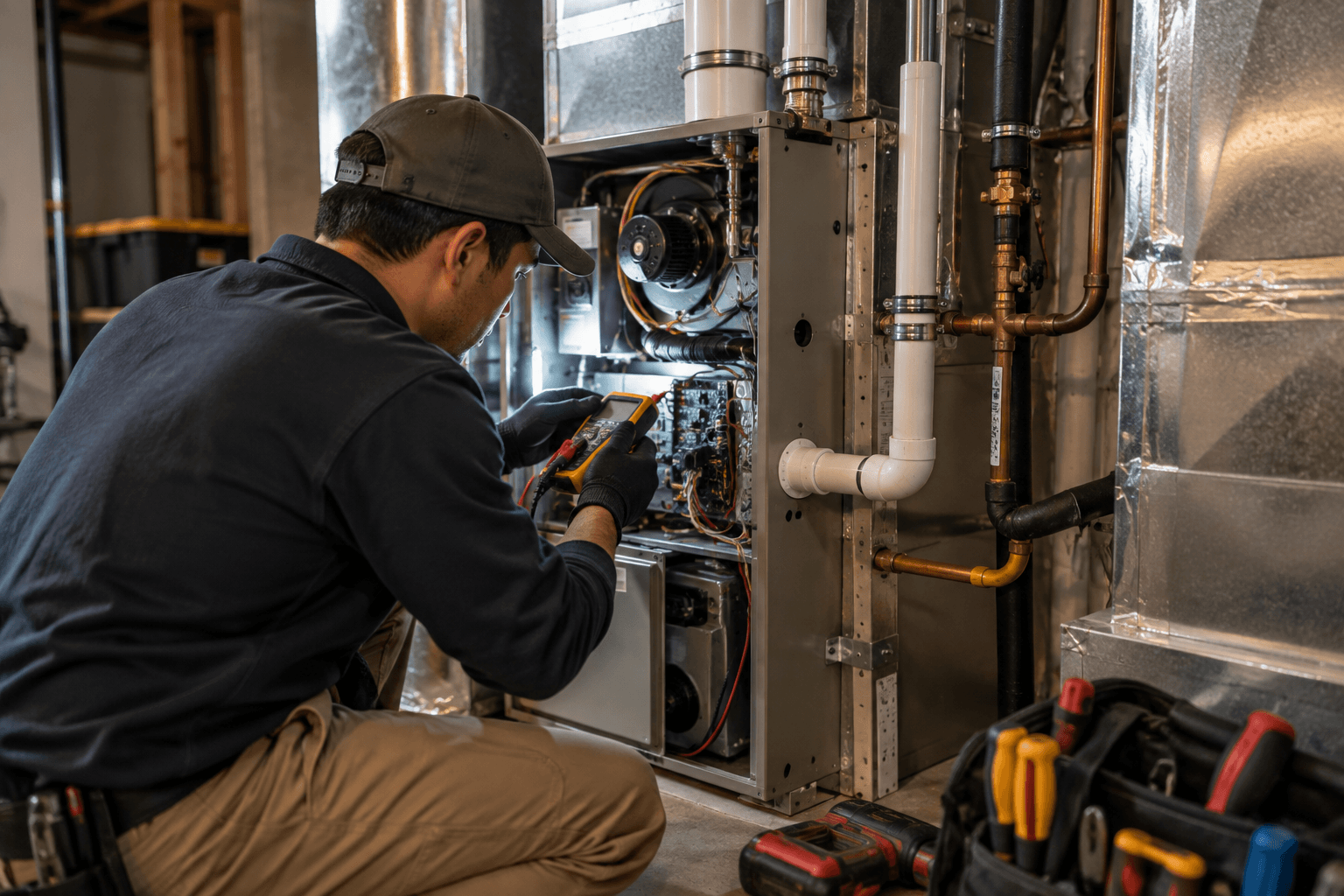 A technician working inside an open furnace cabinet